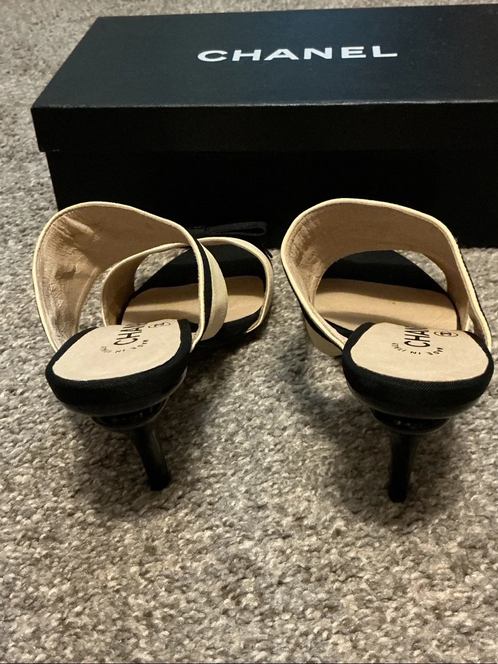 CHANEL Cream and Black Two-Band Heeled Mules